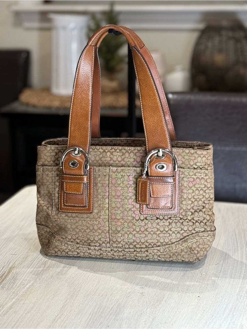Coach SoHo Mini C Brown Signature Canvas Small Tote with Leather Trim
